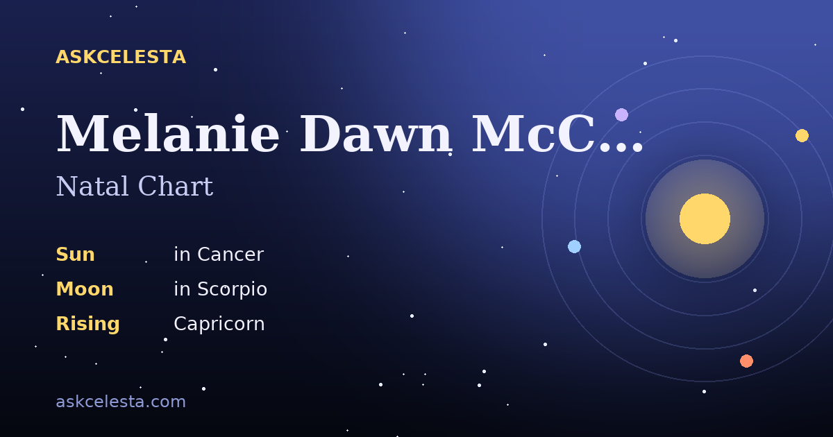 Natal chart summary for Melanie Dawn McCra: Cancer Sun, Scorpio Moon, Capricorn Rising