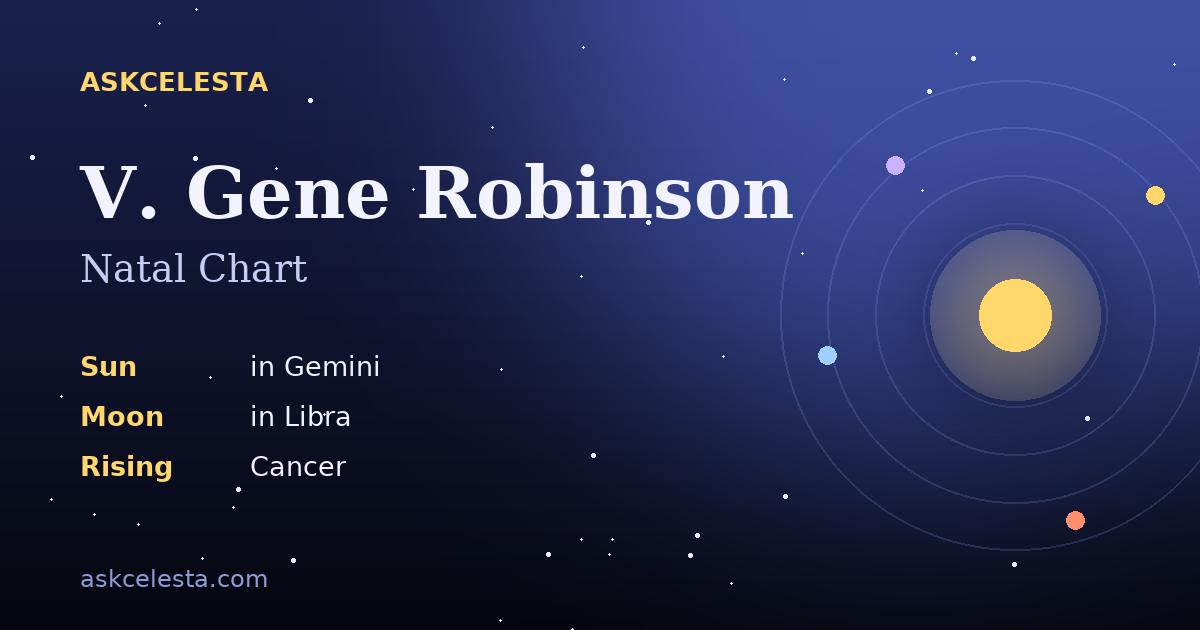 Natal chart summary for V. Gene Robinson: Gemini Sun, Libra Moon, Cancer Rising