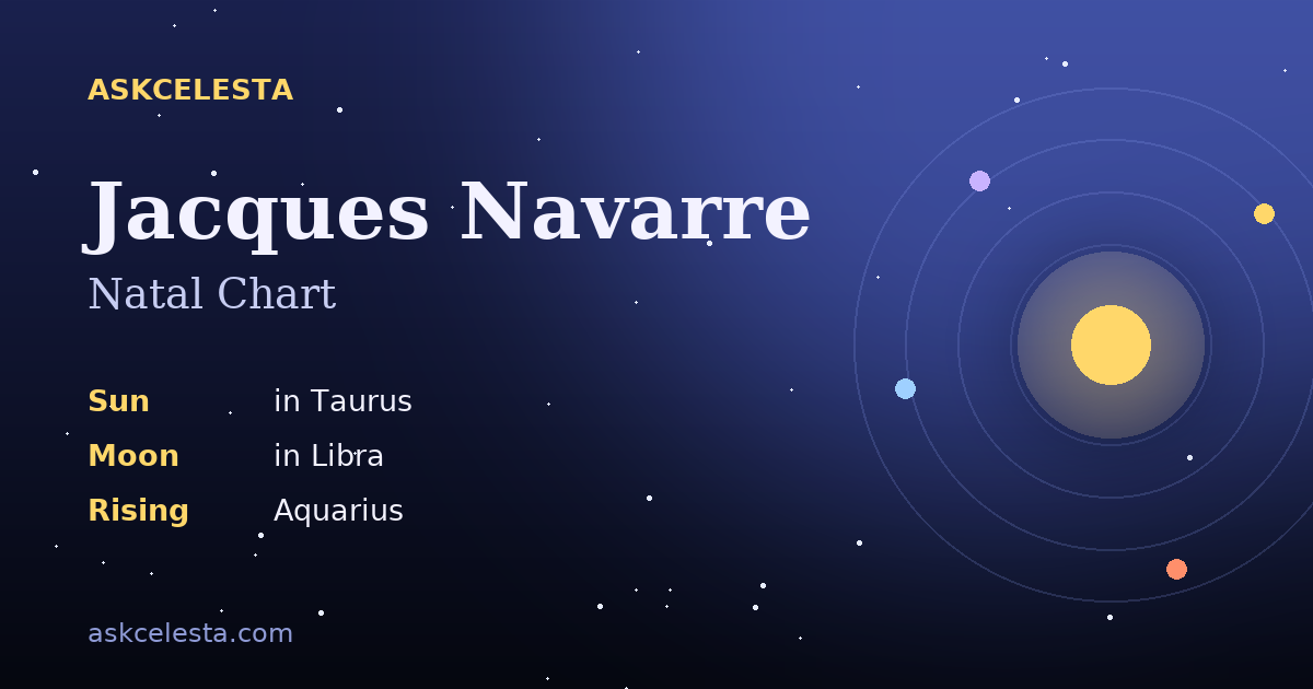 Natal chart summary for Jacques Navarre: Taurus Sun, Libra Moon, Aquarius Rising