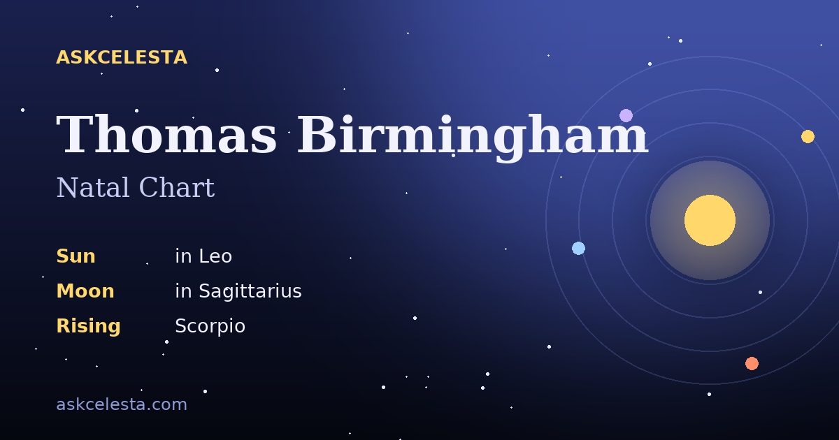 Natal chart summary for Thomas Birmingham: Leo Sun, Sagittarius Moon, Scorpio Rising