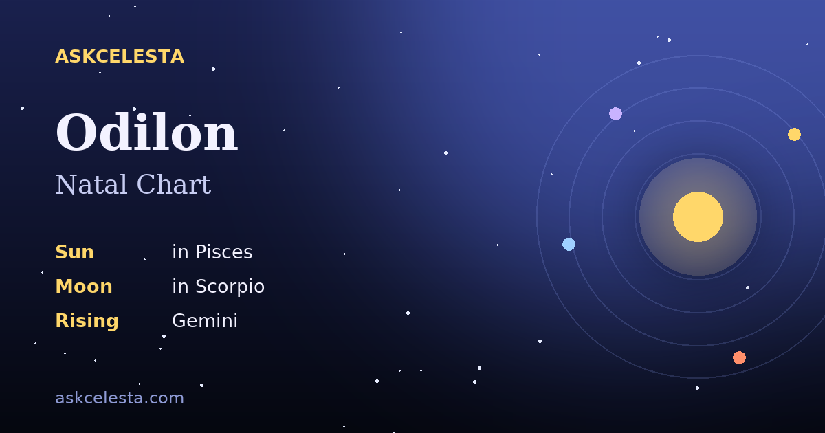 Natal chart summary for Odilon: Pisces Sun, Scorpio Moon, Gemini Rising