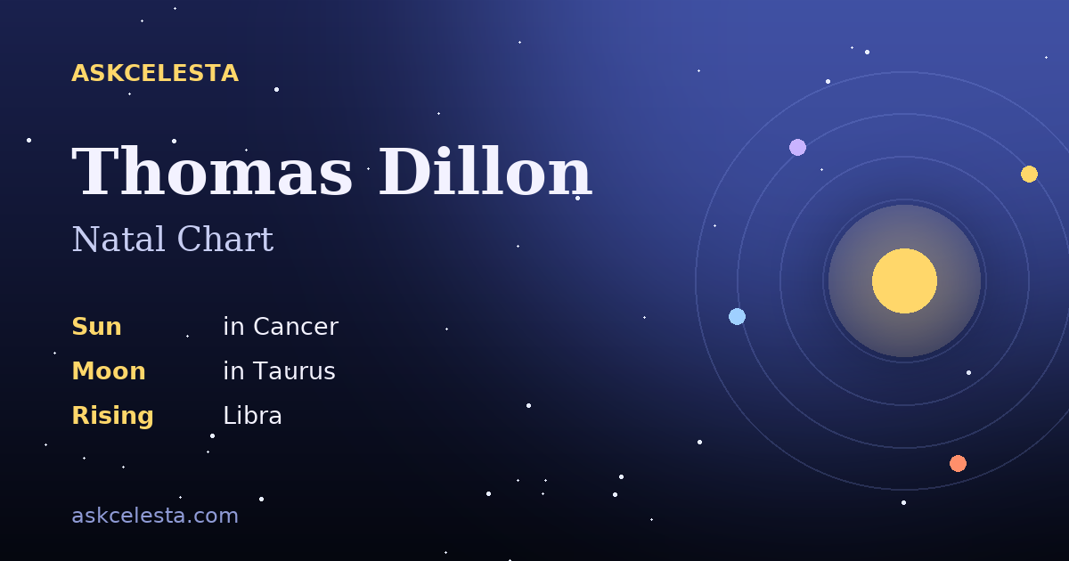 Natal chart summary for Thomas Dillon: Cancer Sun, Taurus Moon, Libra Rising