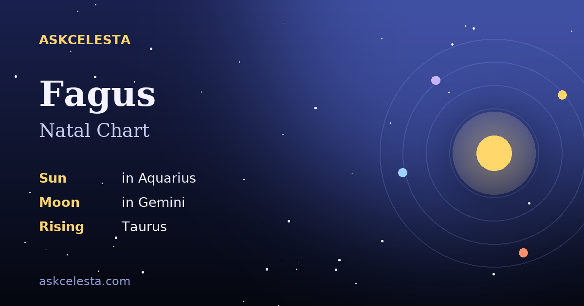 Natal chart summary for Fagus: Aquarius Sun, Gemini Moon, Taurus Rising