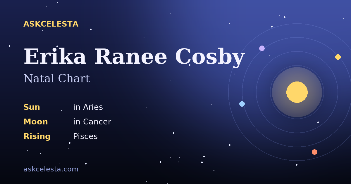 Natal chart summary for Erika Ranee Cosby: Aries Sun, Cancer Moon, Pisces Rising