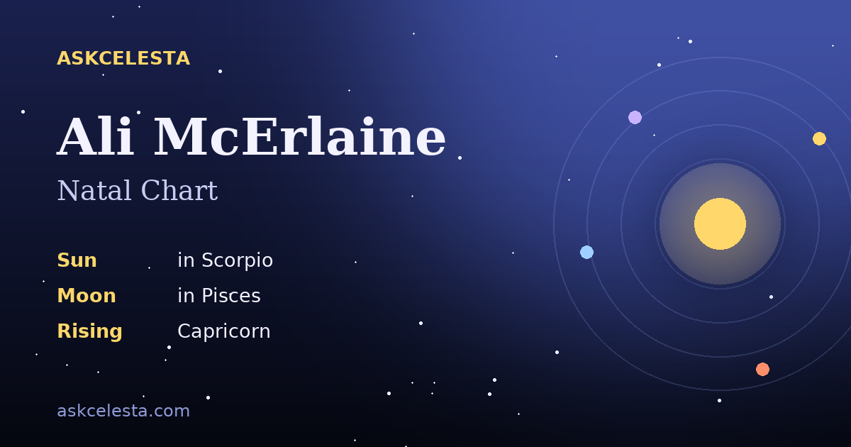 Natal chart summary for Ali McErlaine: Scorpio Sun, Pisces Moon, Capricorn Rising
