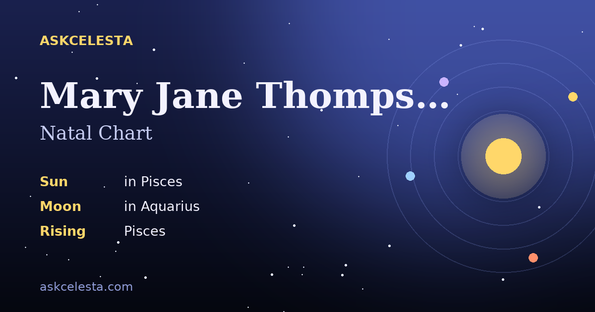 Natal chart summary for Mary Jane Thompson: Pisces Sun, Aquarius Moon, Pisces Rising