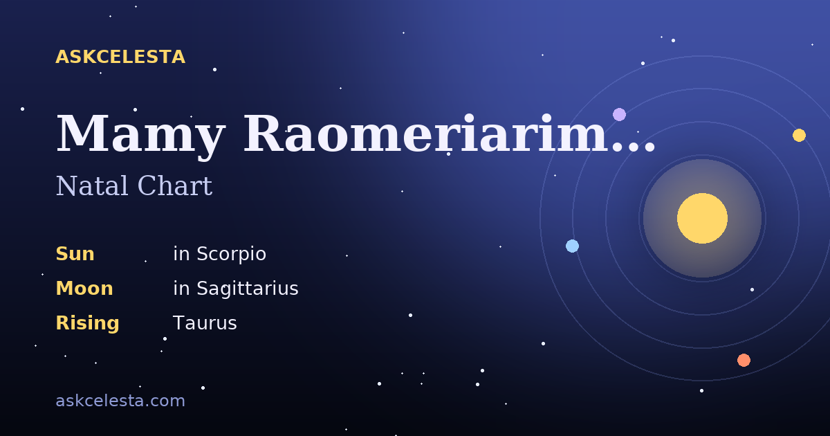 Natal chart summary for Mamy Raomeriarimanana: Scorpio Sun, Sagittarius Moon, Taurus Rising