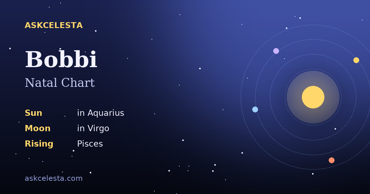 Natal chart summary for Bobbi: Aquarius Sun, Virgo Moon, Pisces Rising