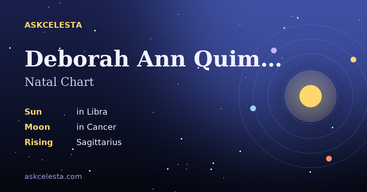 Natal chart summary for Deborah Ann Quimby: Libra Sun, Cancer Moon, Sagittarius Rising