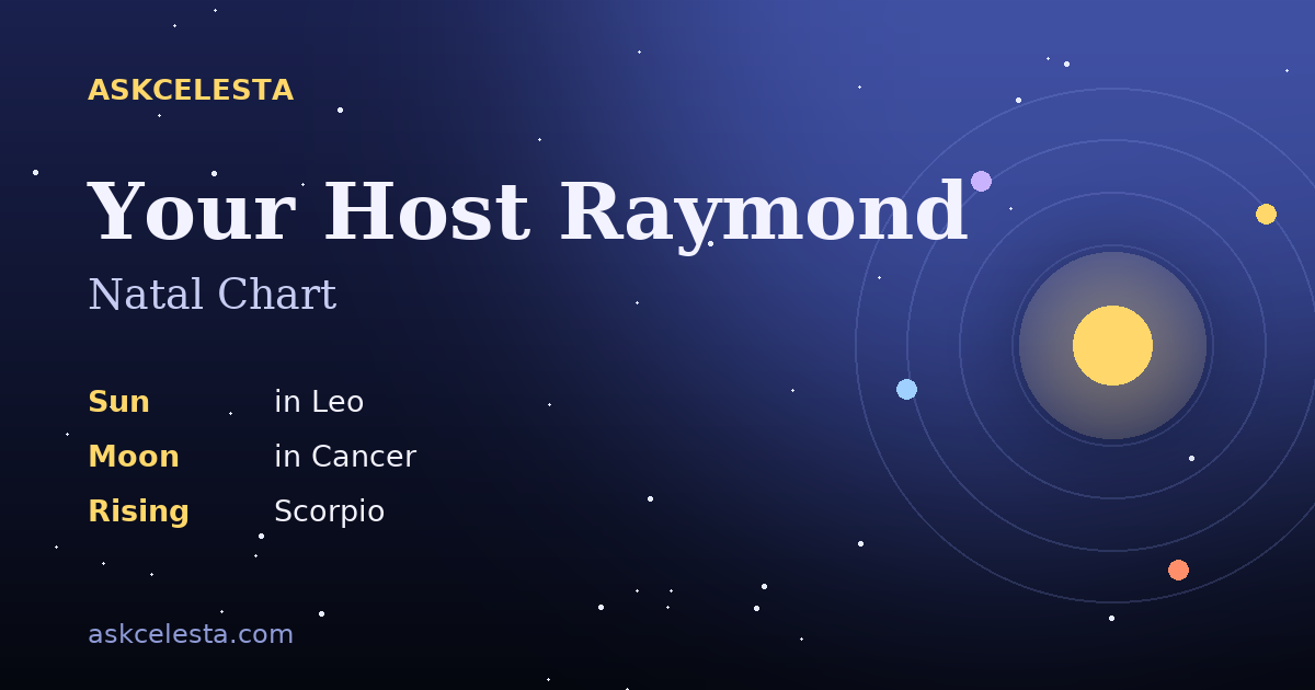 Natal chart summary for Your Host Raymond: Leo Sun, Cancer Moon, Scorpio Rising