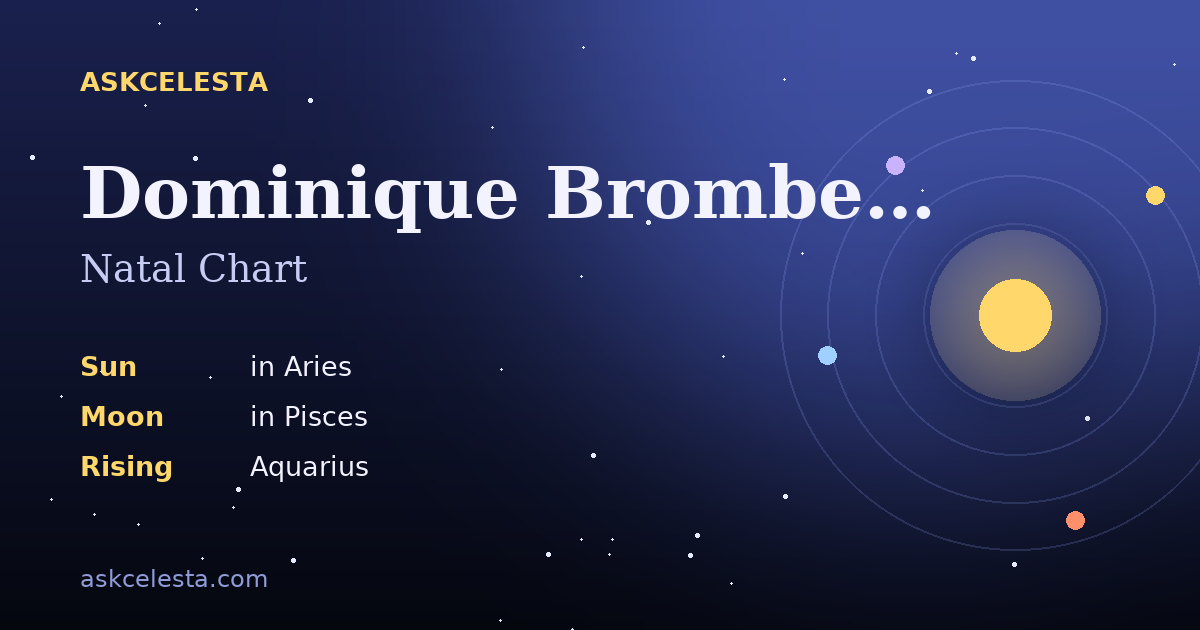 Natal chart summary for Dominique Bromberger: Aries Sun, Pisces Moon, Aquarius Rising